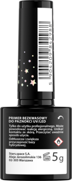 Czarna butelka Stars.space Primer bezkwasowy UV/LED 5g, widok z tyłu z etykietą i ostrzeżeniem o zapalności.