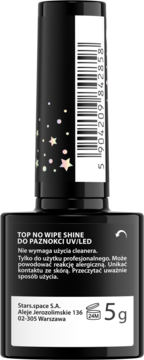 Stars.space TOP NO WIPE SHINE do paznokci UV/LED, czarny top coat z holograficznymi gwiazdkami, widok tyłu z kodem.