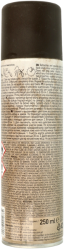 Preparat do pielęgnacji zamszu i nubuku, z ciemną nakrętką, tył opakowania z tekstem i symbolami.