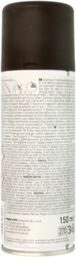 Tył białego sprayu ochronnego do obuwia z brązową nakrętką, widoczne etykiety, piktogramy i pojemność 150 ml.