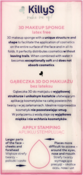Etykieta gąbeczki KillyS 3D Makeup Sponge, bezlateksowa, z opisem i schematem aplikacji. Widok z przodu.