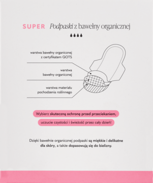Diagram warstw podpaski z organicznej bawełny GOTS, pokazujący cienką i chłonną strukturę dla wrażliwej skóry.