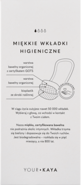 Białe opakowanie miękkich wkładek higienicznych Your Kaya z bawełny organicznej, z diagramem warstw.