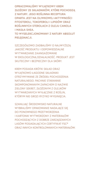 Polski tekst opisujący naturalny krem do pielęgnacji skóry, składniki, ekologię i opakowanie.