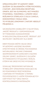 Tekst: opis kremu naturalnego z fitosterolami, odżywia skórę. Brązowe litery na białym tle. Opakowanie FSC.