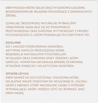 Blok tekstu z etykiety kremu do wrażliwej skóry, szczegóły składu, działania, użycia i eko-certyfikacji.