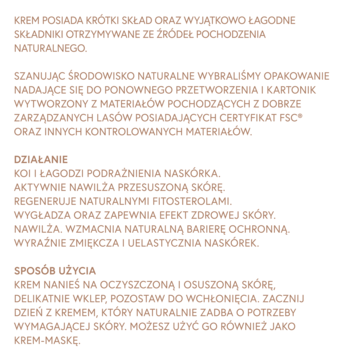 Informacje o kremie do skóry wrażliwej: ekologiczny skład, działanie i zastosowanie. Tekst na białym tle.