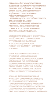 Polski tekst reklamowy serum naturalnego, przeciwzmarszczkowego, opisujący skład i proekologiczną produkcję, na białym tle.
