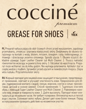 Etykieta Coccine Premium Grease for Shoes w kolorze brązowym z białym napisem. Tłuszcz ochronny do obuwia skórzanego.