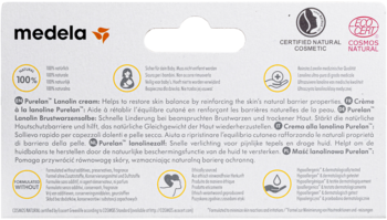 Tył opakowania Medela Purelan lanolinowej maści. Białe z żółtymi akcentami, 100% naturalna, do brodawek, bezpieczna dla dziecka.