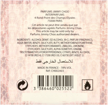 Tył etykiety perfum Jimmy Choo Woman z listą składników, kodem kreskowym i adresem producenta na różowym tle.