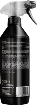 Tył czarnej butelki Nanomax PRO Kuchnia, płynu do czyszczenia, z białym atomizerem, widoczne napisy i kod kreskowy.