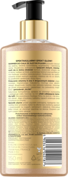 Eveline Shimmer do ciała ze złotym pyłkiem, widok z tyłu butelki z polskim tekstem i składem.