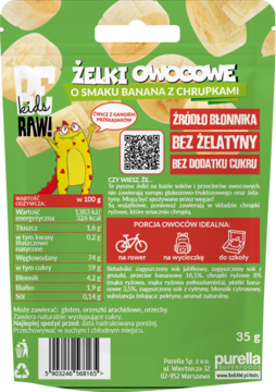 Tył zielonej torebki żelków owocowych Purella o smaku banana z chrupkami, bez cukru i żelatyny.