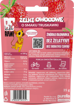 Różowa torebka Dr. Kids Raw! żelków truskawkowych, tył opakowania z danymi odżywczymi, bez cukru i żelatyny.