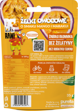 Tył opakowania żelek Purella Kids Raw! mango-marakuja, z tabelą wartości odżywczych i hasłem "bez żelatyny".