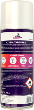 Biała puszka sprayu Brumm Czysta Tapicerka 400 ml, tył z fioletową etykietą i instrukcjami.