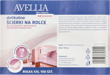 Tył opakowania Avellia delikatnych ściereczek na rolce, biało-niebieskie, z opisem użycia, składu i ikonami recyklingu.