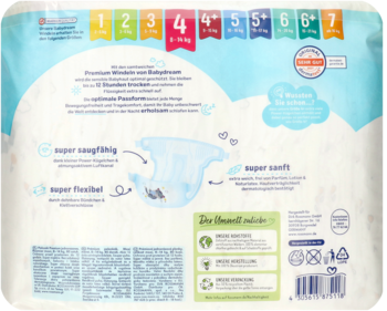 Tył opakowania jednorazowych pieluszek Baby Dream Premium, r. 4 maxi (8-14 kg), z ilustracją, cechami i certyfikatami.