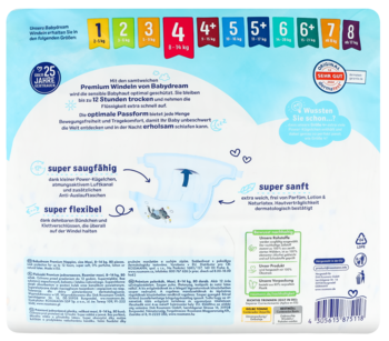 Tył opakowania pieluszek Babylove Premium rozmiar 4 (8-14 kg), niebieskie, z opisem cech i kodem kreskowym.