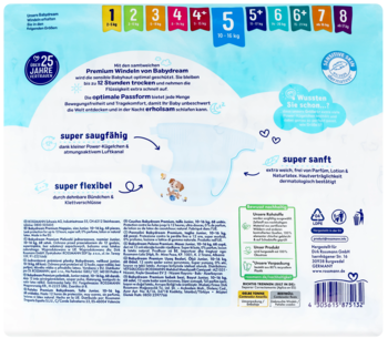 Tył opakowania pieluszek jednorazowych Premium rozmiar 5 (10-16 kg), niebiesko-białe z niemieckim opisem.