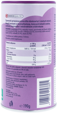 Tył fioletowej puszki Babydream z napojem instant, widoczne etykiety ze składem i danymi odżywczymi.