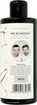 Tył czarnej butelki szamponu WS Academy z plexem, z białą etykietą, kodem kreskowym i portretem dwóch mężczyzn.