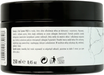 Tył czarnego słoiczka maski do włosów z plexem, z białymi napisami po polsku i pojemnością 250 ml.