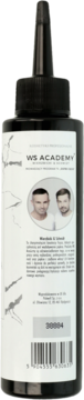 Czarna butelka wody lamelarnej WS ACADEMY do wygładzania włosów, z białym tyłem, widok z tyłu.