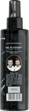 Tył czarnej butelki WS ACADEMY Spray Volume z portretem dwóch mężczyzn i białym tekstem, widoczny kod kreskowy.