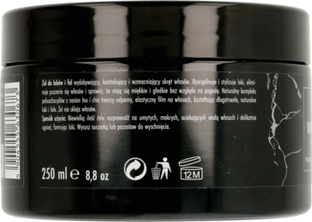 Zbliżenie na tył czarnego żelu do loków i fal 250 ml, białe napisy, symbol i marmurkowe detale.