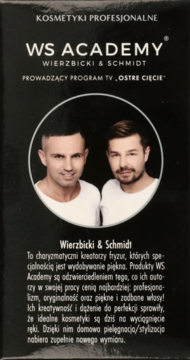 Czarne opakowanie WS Academy Wierzbicki & Schmidt, profesjonalny produkt do włosów, z twórcami marki.