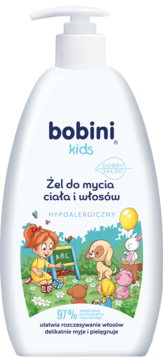 Bobini Kids Żel do mycia ciała i włosów w białej butelce z pompką, widok z przodu, z hipoalergicznym opisem.