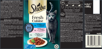 Sheba Fresh Cuisine, karma dla kotów w płatkach, z tuńczykiem, wołowiną, ryżem; opakowanie z szarym kotem, widok całości.