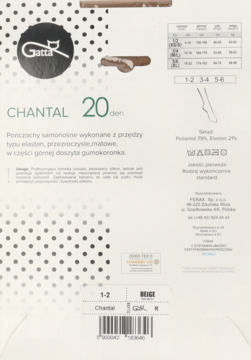 Tył opakowania pończoch samonośnych Gatta Chantal 20 den. Widoczny skład, rozmiarówka i cechy produktu.