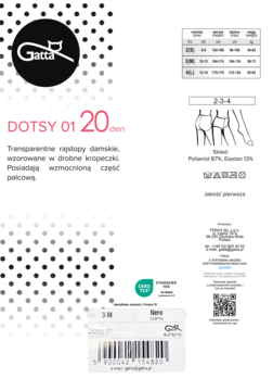 Gatta Dotsy 01 rajstopy damskie, transparentne z mikrosiateczki, wzorzyste w drobne kropki, w białym opakowaniu.