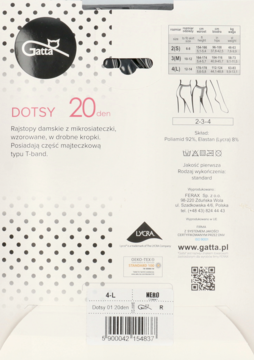Tył opakowania rajstop Gatta DOTSY 20 den z mikrosiateczki w kropki, z tabelą rozmiarów i składem.