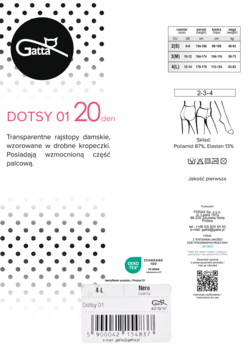 Przezroczyste rajstopy damskie Gatta Dotsy 01, z mikrosiateczki w drobne kropki, widok opakowania.