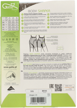 Tył zielono-beżowego opakowania rajstop Gatta Body Shaper z opisami i diagramem modelowania sylwetki.