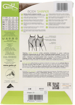 Tył beżowego opakowania rajstop modelujących Gatta Body Shaper z opisem działania, tabelą rozmiarów i grafikami.
