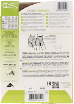 Tył beżowo-zielonego opakowania rajstop Gatta Body Shaper 4-L, z opisem modelującym i diagramami.