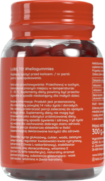 Tył czerwonego słoika hellogummies z witaminami A, C, E dla zdrowej skóry i ochrony antyoksydacyjnej. Widoczna etykieta z listą składników. 300g.