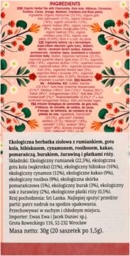 Tył opakowania herbatki ziołowej z rumiankiem i gotu kola, zielono-różowy wzór, widoczna lista składników.