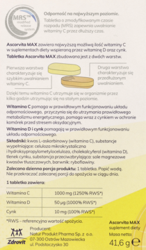Biało-żółty tył opakowania Ascorvita MAX. Opis dwuwarstwowej tabletki z witaminami C, D i cynkiem, tabela składu.