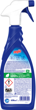Niebieska butelka Meglio Łazienka, widok z tyłu z pełną etykietą i recyklingiem, 650 ml. Do usuwania brudu.