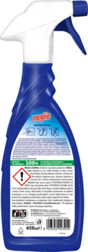 Tylna strona niebieskiej butelki Meglio środek do czyszczenia łazienek 650ml, z etykietą i kodem EAN.