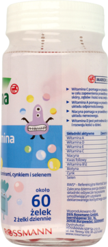 Tył białej butelki suplementu diety Rossmann, 60 żelek. Wskazówki i składniki aktywne: witaminy C, A, D, E.