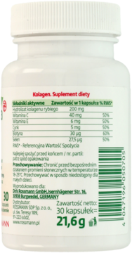 Tył białej butelki suplementu kolagenowego Rossmann z rybim kolagenem, widoczny skład i 30 kapsułek.