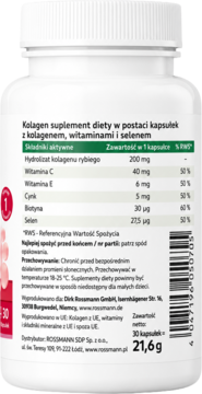 Tył białej butelki Kolagen suplementu diety w kapsułkach, z listą składników: kolagen rybi, witaminy, cynk, selen.