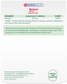 Biotyna suplement diety, biała etykieta z zielonym akcentem, szczegóły o 300 µg dla zdrowych włosów, skóry i metabolizmu, widok z przodu.